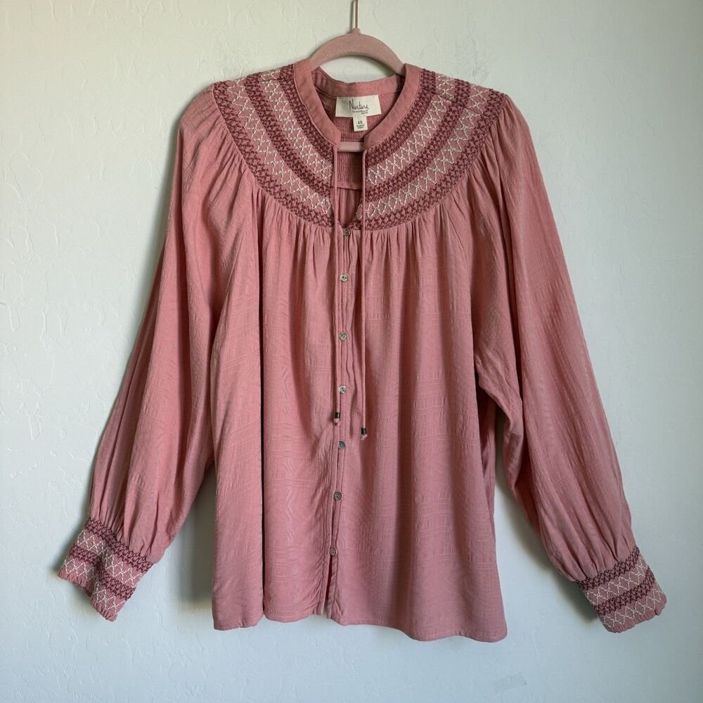 Nurture by Westbound 2X Pink Embroidered Boho Long Sleeve Peasant Blouse Flowy
